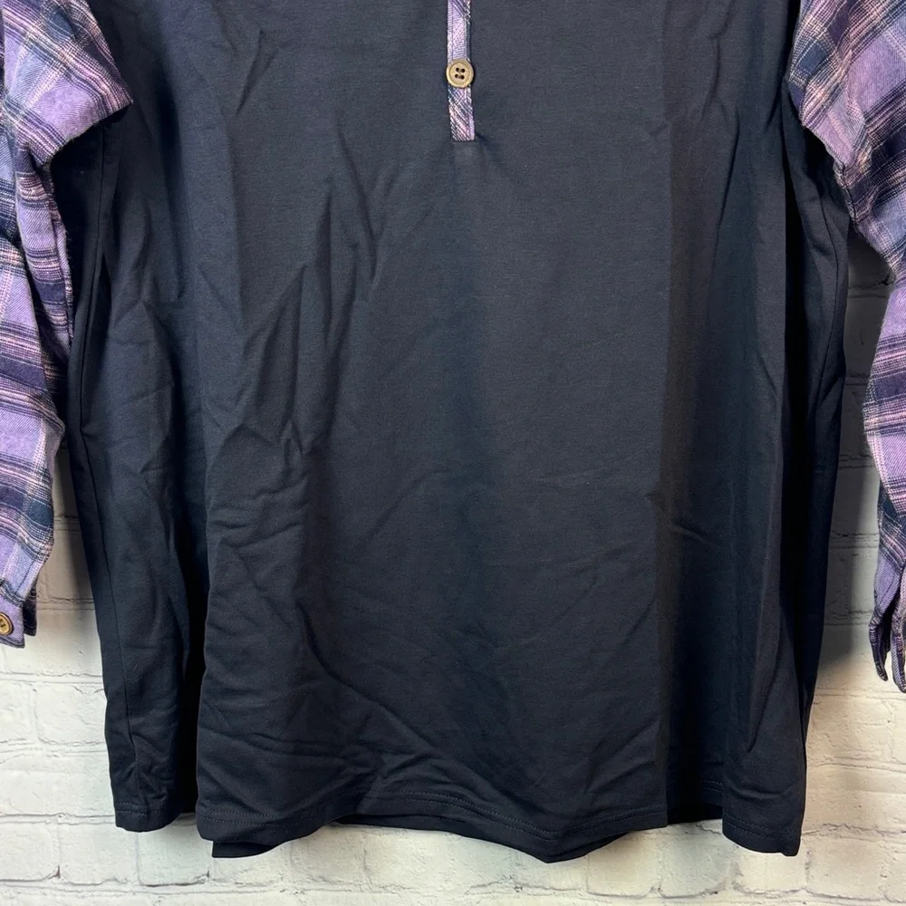 BloomChic Navy and Purple Plaid Long Sleeve Henley Top Plus Size 1X - Picture 6 of 7
